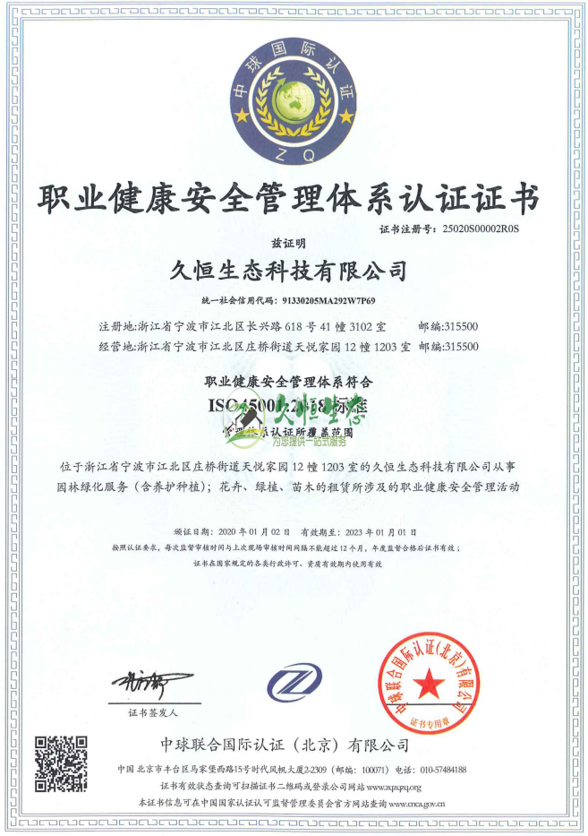 南京浦口职业健康安全管理体系ISO45001证书